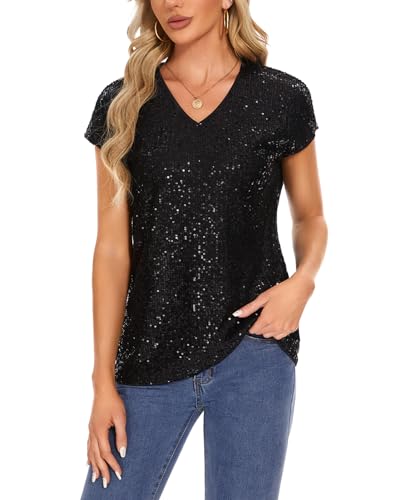 MINTLIMIT Womens Full Sequin Tops Glitter Party Shirt Cap Sleeve Sparkle Blouses V-Neck Loose Summer Shimmer Tunic Shirts