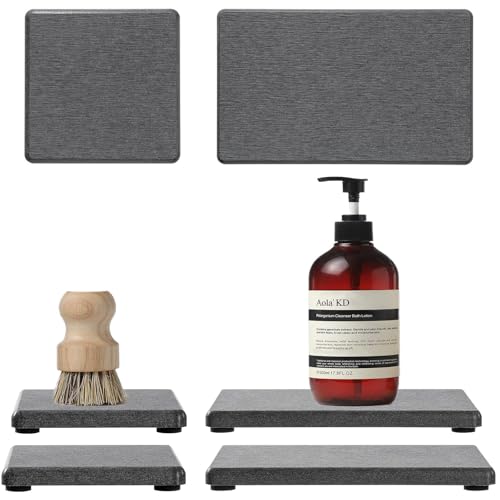 Image of 4PCS Water Absorbing Sponge Holder Diatomite Stone Sink Tray Mat, Quick Drying Kitchen & Bathroom Counter Tray Vanity Caddy, Diatomaceous Earth Dish Soap Dispenser Organizer, Dark Gray