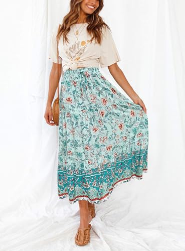 Image of ZESICA Women's 2026 Summer Bohemian Floral Printed Elastic Waist A Line Maxi Skirt with Pockets