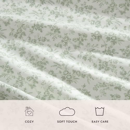 Image of Laura Ashley - King Sheet Set, Ultra-Soft Bed Sheets with a Naturally Silky Smooth Cotton Sateen, Deep Pockets, Floral Bedding with Matching Fitted Sheet & Pillowcases (Floral Toile Green)