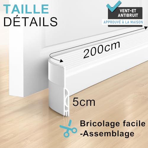 Beoguy Bas de porte anti-courant d'air & étanchéité porte - bas boudin de porte isolant (rapide à installer),idéal pour Porte d'entrée l'isolation joint contre le froid, le bruit (Blanc, 2M) – vue 6