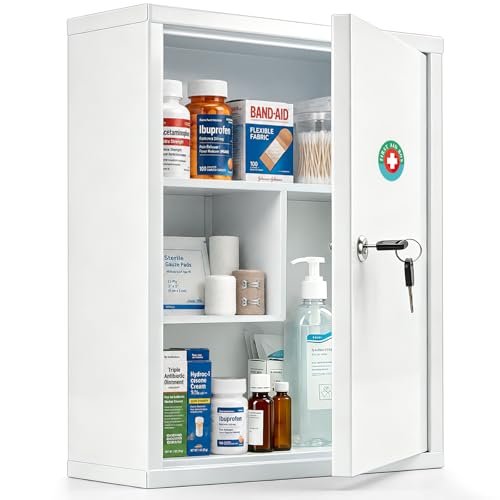 KYODOLED Wall Mount Locking Medicine Cabinet, Large Capacity First Aid Cabinet for Bathroom...