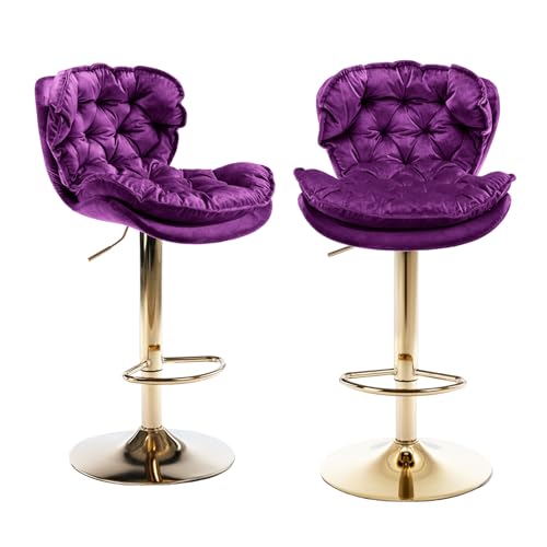 Modern Swivel Pub Height Barstool, High Dining Chair with Velvet Seat, Backrest, Armless Hydraulic Counter Stool, Gold Base Island Stool(Set of 2 Black)