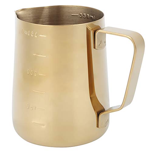 Akozon Jarra Medidora de Acero Inoxidable Dorado Espesado para Espumar Leche, Taza de Arte con Leche, Jarra de Lácteos para Espumar café y Expreso - Accesorios de Barista (350ML