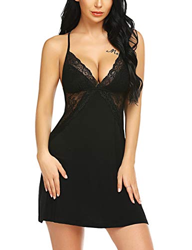 ADOME Women Lingerie Sexy Nighty Modal Sleepwear Lace Chemise V Neck Nightwear Slip Dress Strap Nightgown