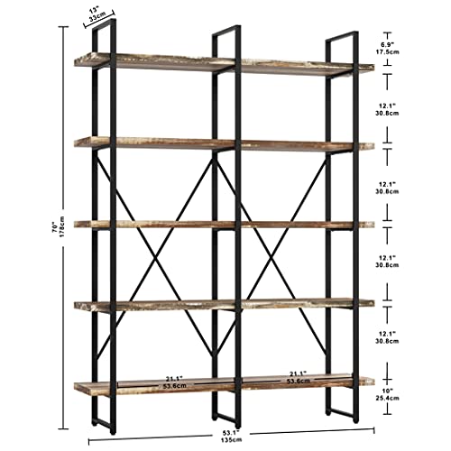 Ironck Bookshelf, Double Wide 5-Tier Open Bookcase Vintage Industrial Large Shelves, Wood And Metal Etagere Bookshelves, For Home Decor Display, Office Furniture, 13D X 53.1W X 70H In #TOP1
