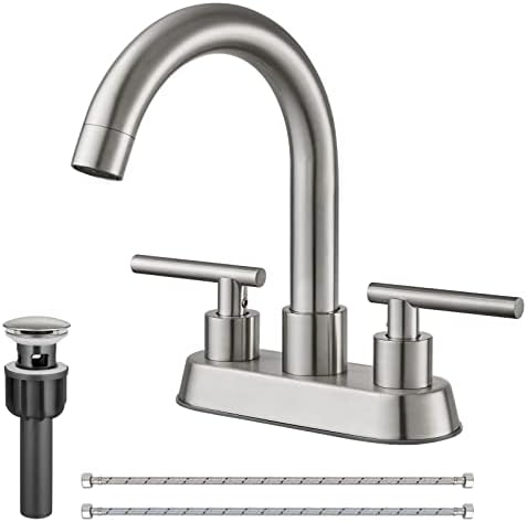 Cinwiny Bathroom SUS304 4 Inch Centerset Sink Faucet Brushed Nickel Double Handles Swivel Spout Deck Mount Mixer Tap with Pop-up Drain Lavatory Bathroom Vanity Faucets