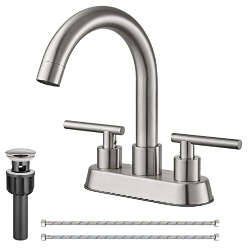 Cinwiny Bathroom Sus304 4 Inch Centerset Sink Faucet Brushed Nickel Double Handles Swivel Spout Deck Mount Mixer Tap With Pop-Up Drain Lavatory Bathroom Vanity Faucets #TOP12