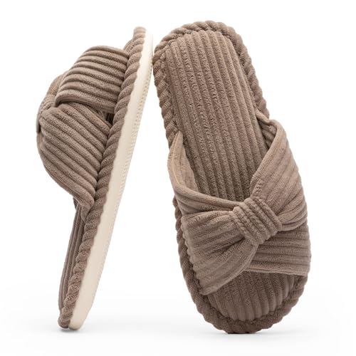 Image of Chantomoo Slippers for Women Memory Foam House Womens Slipper Slides Home Bedroom Bathroom Spa Open Toe Corduroy Bow Slippers Cozy Comfortable