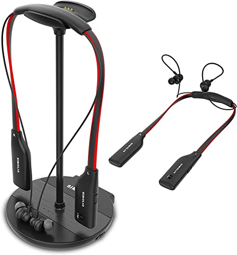 SIMOLIO Double casque sans fil pour regarder la télévision avec support de charge, batterie de rechange, By-Pass, clarté du dialogue,tonalité,équilibre pour les personnes âgées,support optique/RCA/AUX Cover