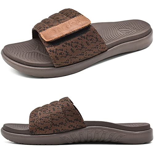 ONCAI Slide Sandals for Mens with Comfy Arch Support Open Toe Adjustable Straps Athletic Orthotic Plantar Fasciitis Summer Sport Shoes Brown Size 10