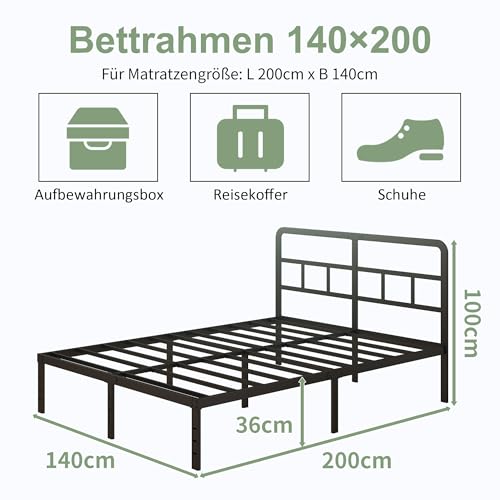 Metallbett 140x200 cm mit Lattenrost, Höhe 36cm Bett 140x200 mit Kopfteil, Metall Bettrahmen mit Großer Stauraum unter dem Bett, Geräuschfrei, Einfacher Aufbau, Schwarz – Bild 3