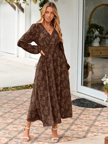 Image of Simplee Womens Boho Floral Long Sleeve Maxi Dress V Neck Empire Waist Fall Wedding Guest Dresses with Pockets