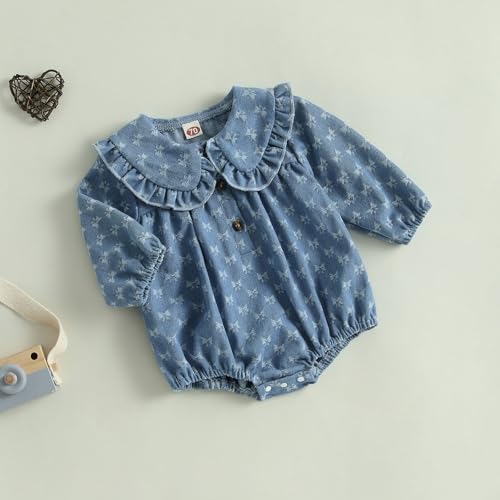 Baby Girl Denim Romper Long Sleeve Ruffles Doll Collar Button Bodysuit Bow Embroidery Bubble Shirt Jumpsuit2