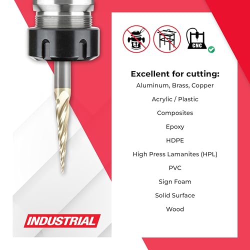 Image of Amana Tool Up Cut Spiral CNC Router Bits for 2D /3D Carving, ZrN Coated, 46582, 5.4 Deg Tapered Angle Ball Tip 1 /16 D x 1 /32 R x 1-1 /2 x 3 /8 Shk x 4 Fl