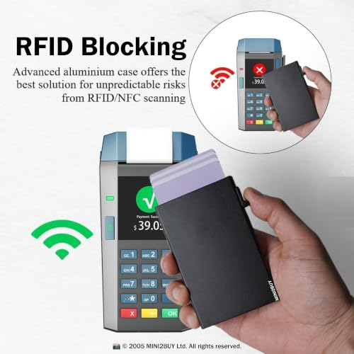 Image of MINI2BUY Slim Aluminum Customized Your Name Card Holder Wallet for Men Women RFID Blocking Minimalist Durable Metal Pop Up Wallet Pocket for Cash, Credit, Debit, ATM Cards (Push-Black)