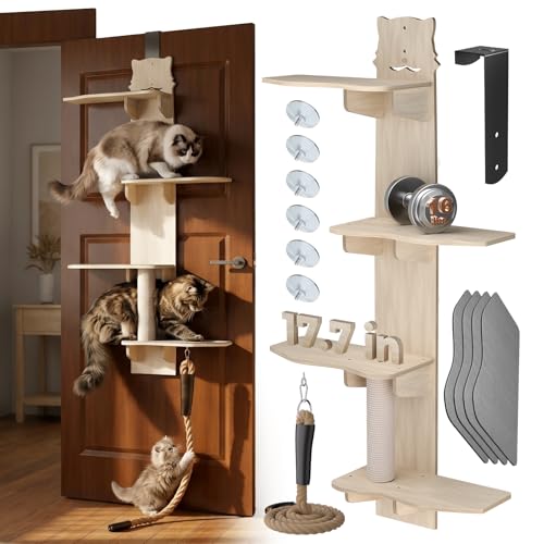 2026 New 4-Level Over Door Cat Tree with (6 Suction Cups & Climbing Rope and Adjustable Hooks) Door Hanging Cat Shelf with 17.7in Perch Over The Door Cat Tree Climber for Large Cats & Kittens