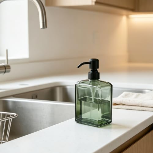 Image of Green Soap Dispenser Glass Rectangular, Black Pump, 13.5 oz | Rust Proof Stainless Steel Pump, Refillable, Hand Soap, Liquild Soap, Dish Soap, Bathroom, Kitchen