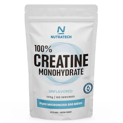 Creatina monohidrato - Nutratech | 200 Mesh | Sin añadidos y libre de contaminantes | vegano | fabricado en España | Fácil disolución (300 gr)