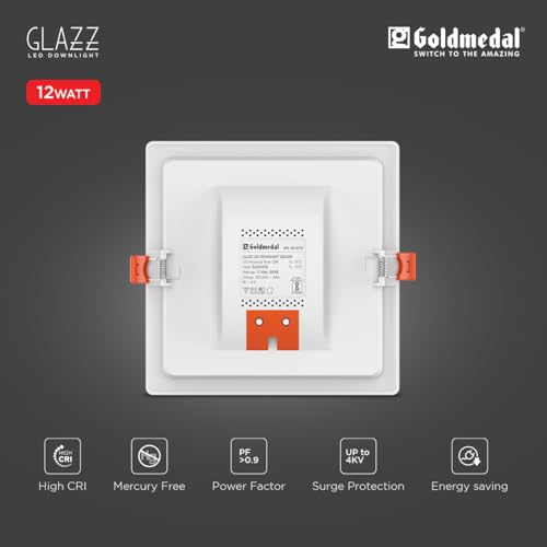 Image of Goldmedal Glazz 12W Square Ceiling Light | Recessed LED Downlight for False Ceiling |Cut Out :6.02 Inch |Downlight for Home,Hall,Room,Kitchen,Office,Shop |Cool Daylight (6500K)