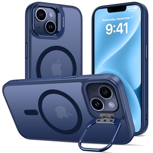 Cover Cavalletto per iPhone 13/14, Compatibile con MagSafe, Magnetica Custodia con Supporto per Fotocamera Regolabile Integrato Traslucida Opaca Antiurto Protettiva Resistente Case,Blu Profondo