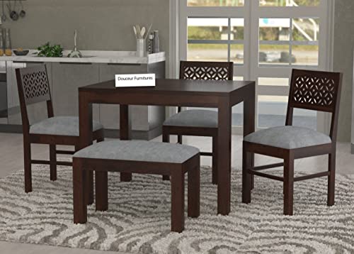 Douceur Furnitures-Solid Wood Four Seater Dining Table with ThreeChairs & One Bench with Grey Cushion for Dining Room, Hotel, Restaurant,& Mass| Finish -Walnut Finish |