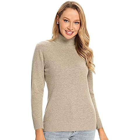 LANPULUX 100% Merino Wool Turtleneck Camel Sweater Women Long Sleeve Lightweight Cozy Pullover Jumper Tops Cover