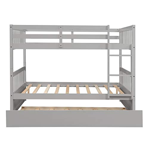 Full Over Full Bunk Bed With Trundle, Convertible To 2 Full Size Platform Bed, Wood Full Over Bunk Bed Frame With Built-In Ladder And Safety Guard Rails For Kids Boys Girls Teens, Gray #TOP4