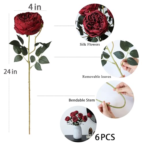 Image of mizii 6Pcs Burnt Burgundy Artificial Roses Flowers Fake Silk Roses Flower with Long Stem for Wedding Decorations Table Centerpieces Flower Arrangement Home Decor (Burnt Burgundy)