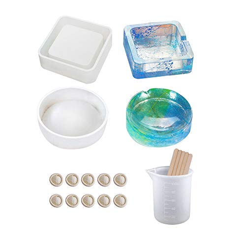 Resin Silicone Mold, Resin Casting Molds for Ashtray Square and Round Large Size Resin Art Molds with Silicone Measuring Cup, Finger Cots and Wood Sticks (Ashtray molds set)