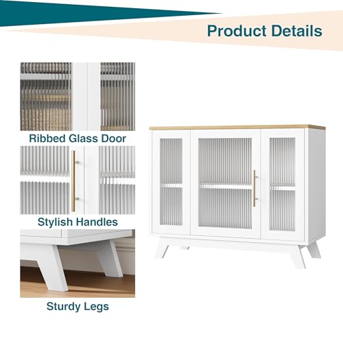 Image of 36 inch Sideboard Buffet Cabinet with Storage, Contemporary Farmhouse Kitchen Sideboard with Glass Doors & Adjustable Shelves for Dining Room & Living Room