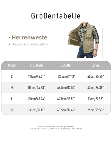 Vanchenl Herren Casual Leichtgewicht Utility Weste Outdoor Angeln Safari Gilet Cargo Schießen Reise Weste mit Taschen Schwarz L