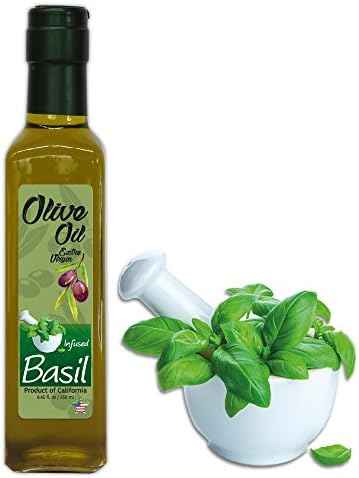 Basil Olive Oil Extra Virgin with fresh leaves, Organic - Cold Press - Super Fresh California's Best Farm to Table - Crop Year: Late 2019/Early 2020 - 8.45 fl-oz Quadra Glass Bottle-Cork T Cap
