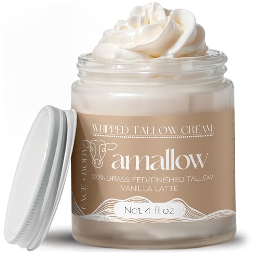 Amallow 100% Grass Fed Beef Tallow for Skin Care - Face + Body - Whipped Moisturizer - Natural Lotion, 4 FL. oz. (Vanilla Lavender)