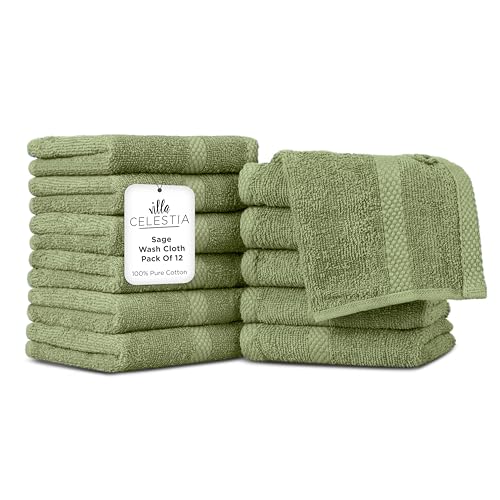Image of Villa Celestia Cotton Washcloths Set of 12, 12x12 Inch, 100% Ring-Spun Combed Cotton, Soft Absorbent Quick-Dry Wash Cloths for Face and Body, Oeko-TEX Certified, Hotel & Spa Quality, Sage