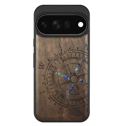 Coque en bois pour Pixel 11 Pro avec incrustation boussole marine