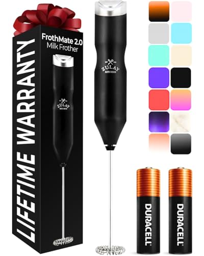 Zulay Kitchen Powerful Frother Wand AA Batteries Included, Ultra Fast Handheld Drink Mixer, Comfort Milk Frother, Stainless Steel Whisker, Frother Handheld for Coffee, Protein & Matcha - Frothmate 2.0