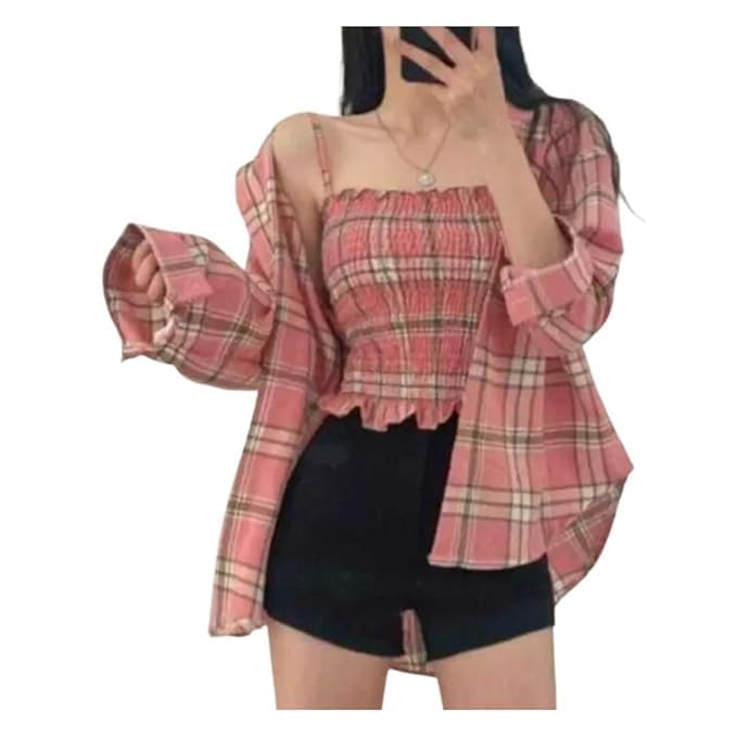 Women's Black and White Plaid Crop Top with Long Sleeves, Casual Stylish Design Combo of Shirt & Tube Top-picture-29
