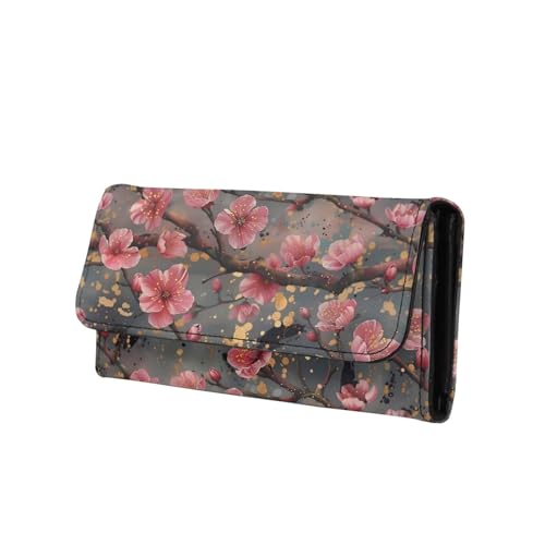 Watercolor Red Plum Women Wallet Painting Flowers Slim Long Trifold Clutch Checkbook Wallets with Zipper Pocket, Natural Floral PU Leathers Wallet Purse