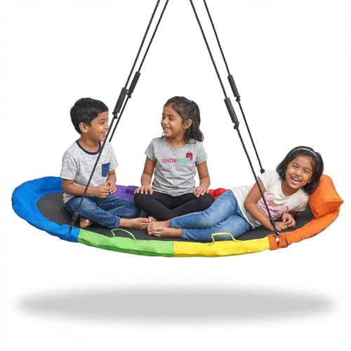 Image of Shopster Surf Hanging Swing Hammock - Kids Indoor /Outdoor Giant Oval Platform Swing Mat - Adjustable Length Ropes, Great for Tree, Swing Set, Backyard, Playground, Playroom
