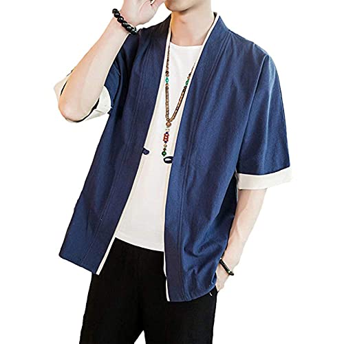 Holywim Top Kimono Hombres Japonés Estilo Kimono Vestido Cloak Men Women Short Sleeve Open Front Short Coat Cardigan, azul marino, L