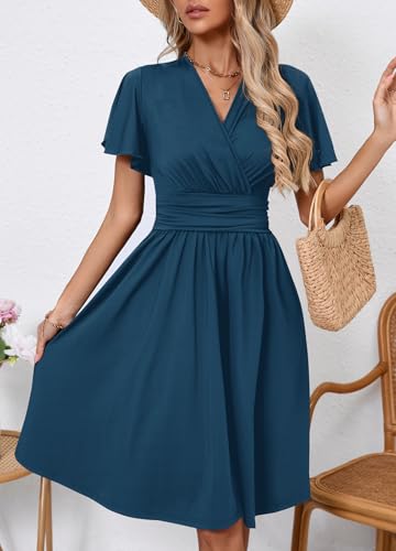 Image of Women's Casual Summer Dress V Neck Short Sleeve Flowy Stretchy Comfort Fit for Daily Wear Work Midi Dresses