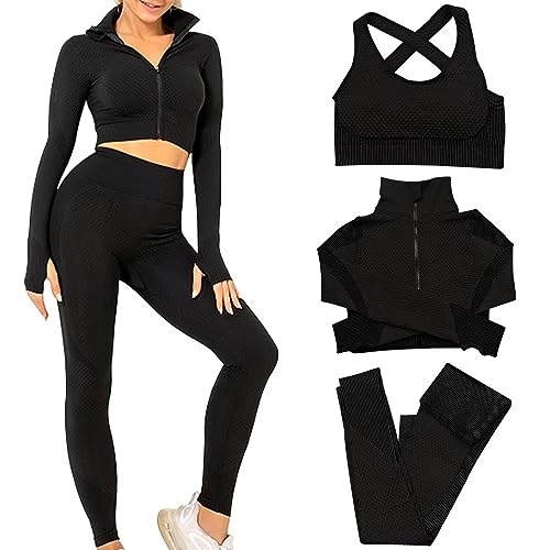 SINBRLAI Women's 3pcs Seamless Workout Outfits Sets, Yoga Sportswear Tracksuit