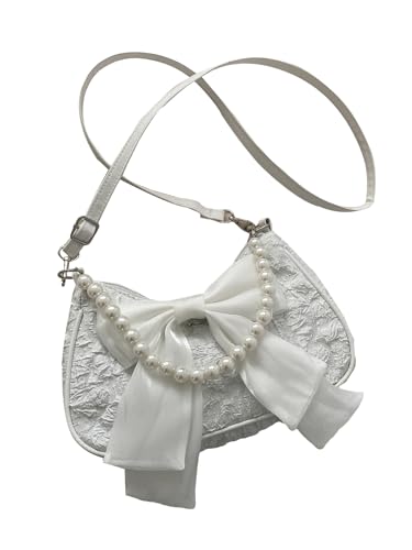 GORGLITTER Women's Bow Coquette Purse Sweet Pearl Shoulder Bag Evening Clutch Handbag Trendy 2025 White One-Size