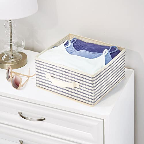 Mdesign Soft Fabric Closet Organizer Box With Front Pull Handle For Shelves In Bedroom, Bathroom, Home Office - Holds Clothing, Linens, Accessories, Lido Collection, 4 Pack, Natural/Cobalt Blue Stripe #TOP2