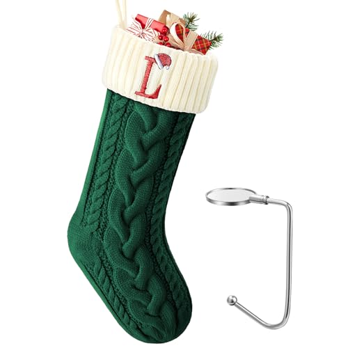 LHMTQVK Large Christmas Stocking with Initials, Embroidered Knit Christmas Stocking with Hook, Custom Christmas Stockings, Xmas Stockings for Family Fireplace Holiday Party Gift