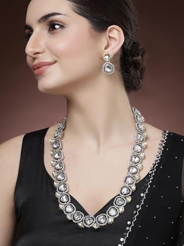 Image of Karatcart Gold Plated Green Crystal and Pearl Studded Kundan Rani-Haar Necklace Set for Women