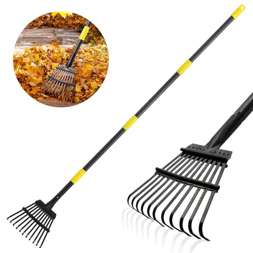 Leaf Rake, Small Rake for Leaves with 30"-75" Adjustable Long Handle, 11 Tines 8.5" Wide, Metal Rakes Heavy Duty for Lawns, Gardening, Yard, Camping, Shrub, Grass, Bush, Weed, Debris