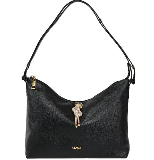 Classe Bolsa Transversal Feminina, Couro Preto, Alça Ajustável