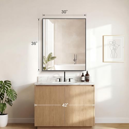 Image of NEWBULIG 30 inch x 36 inch Black Rectangle Bathroom Mirrors for Wall, Morden Wall Mirror with Metal Frame, Tempered Glass, Vanity Mirror for Over Sink, Entryway, Living Room, Anti-Rust